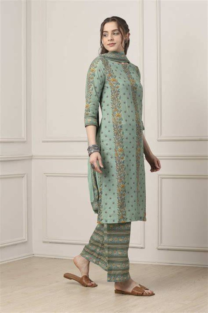 Neha Dharma Sage Green Printed Crop Top and Sharara Set